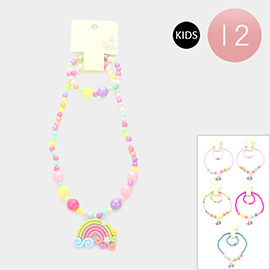 12PCS - Rainbow Pendant Beaded Stretch Kids Necklaces