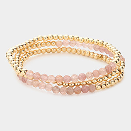 3PCS - Natural Stone Metal Ball Stretch Bracelets
