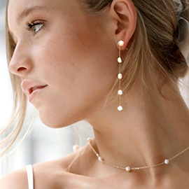 Freshwater Pearl Station Linear Dangle Earrings
