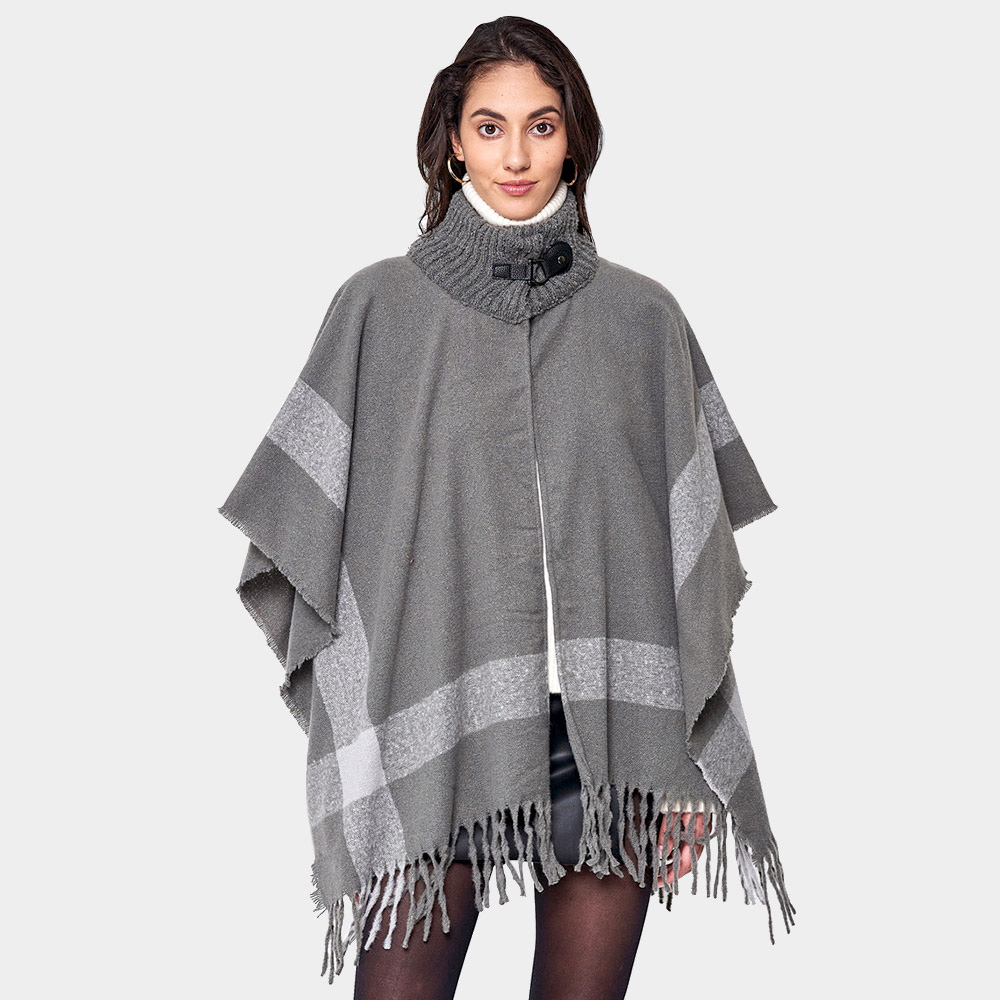 Bordered Fringe Open Cape Ruana Poncho