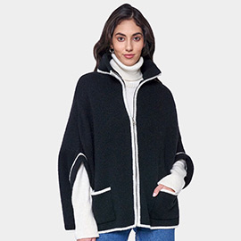 Bordered Front Pockets Zip Up Poncho