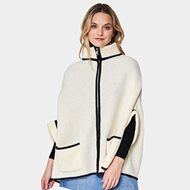 Bordered Front Pockets Zip Up Poncho