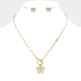 CZ Embellished Butterfly Pendant Toggle Necklace