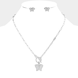 CZ Embellished Butterfly Pendant Toggle Necklace