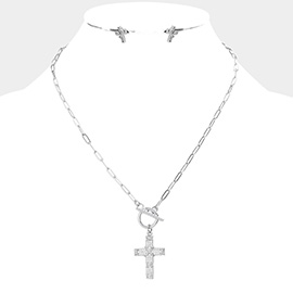 CZ Embellished Cross Pendant Toggle Necklace