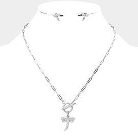 CZ Embellished Dragonfly Pendant Toggle Necklace