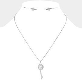 CZ Embellished Key Pendant Stainless Steel Necklace