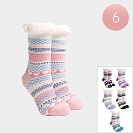 6Pairs - Faux Sherpa Lining Heart Geometric Patterned Socks