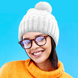 Fleece Lining Solid Knit Faux Fur Pom Pom Beanie Hat