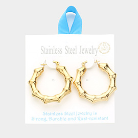 18K Gold Dipped Stainless Steel 1.5 Inch Metal Bamboo Hoop Pin Catch Earrings