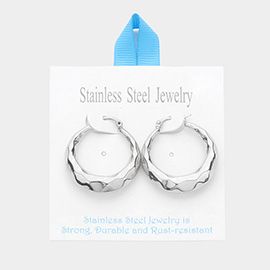 Stainless Steel 1.25 Inch Textured Metal Hoop Pin Catch Earrings