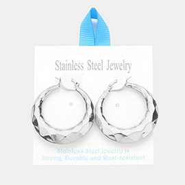 Stainless Steel 1.6 Inch Textured Metal Hoop Pin Catch Earrings
