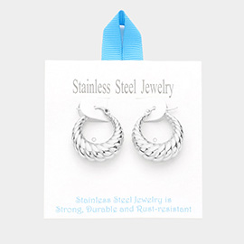 Stainless Steel 1 Inch Textured Metal Hoop Pin Catch Earrings