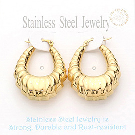 18K Gold Dipped Stainless Steel Textured Teardrop Hoop Pin Catch Earrings