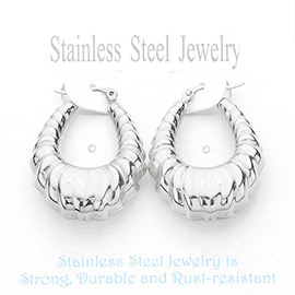 Stainless Steel Textured Teardrop Hoop Pin Catch Earrings
