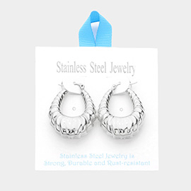 Stainless Steel 1.5 Inch Textured Metal Teardrop Hoop Pin Catch Earrings