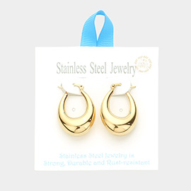 18K Gold Dipped Stainless Steel 1.4 Inch Textured Metal Oval Hoop Pin Catch Earrings