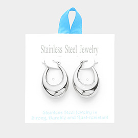 Stainless Steel 1.4 Inch Textured Metal Oval Hoop Pin Catch Earrings
