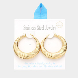 18K Gold Dipped Stainless Steel 1.5 Inch Textured Metal Hoop Pin Catch Earrings