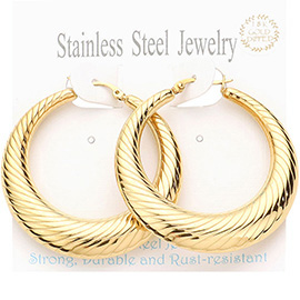 18K Gold Dipped Stainless Steel Textured Hoop Pin Catch Earrings