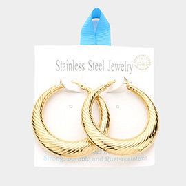 18K Gold Dipped Stainless Steel 2 Inch Textured Metal Hoop Pin Catch Earrings