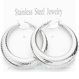 Stainless Steel Textured Hoop Pin Catch Earrings