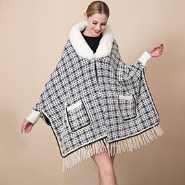 Faux Fur Trimmed Front Pockets Fringe Tweed Ruana Poncho