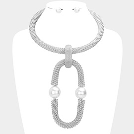 Pearl Accented Open Metal Oval Link Necklace