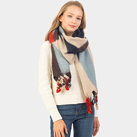 Diagonal Color Block Soft Feel Braided Tassel Oblong Scarf