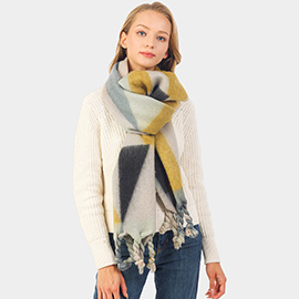 Diagonal Color Block Soft Feel Braided Tassel Oblong Scarf