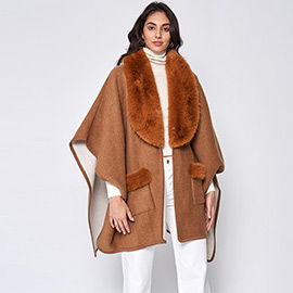 Faux Fur Trimmed Front Pockets Ruana Poncho