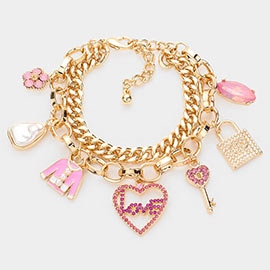 Flower Pearl Clothes Love Message Heart Key Lock Marquise Stone Charm Bracelet