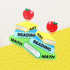 Art Reading Math Message Glittered Resin Apple Books Link Dangle Earrings
