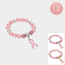 12PCS - Pink Ribbon Charm Pearl Stretch Bracelets