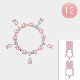 12PCS - Pink Ribbon Charm Station Pearl Stretch Bracelets