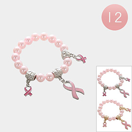12PCS - Triple Pink Ribbon Charm Pearl Stretch Bracelets