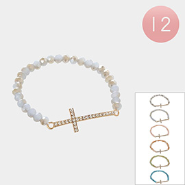 12PCS - Cross Charm Faceted Beaded Stretch Bracelets
