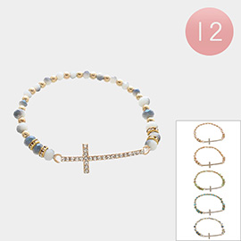 12PCS - Cross Accented Faceted Beaded Stretch Bracelets
