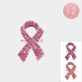 12PCS - Rhinestone Embellished Pink Ribbon Pin Brooches