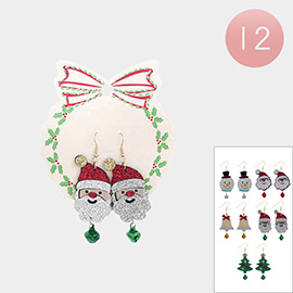 12Pairs - Snowman Santa Claus Jingle Bell Christmas Tree Dangle Earrings