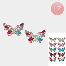 12Pairs - Stone Butterfly Stud Earrings