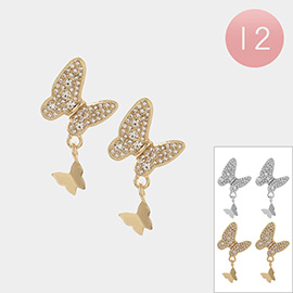 12Pairs - Rhinestone Embellished Double Butterfly Link Dangle Earrings
