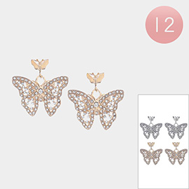 12Pairs - Rhinestone Embellished Double Butterfly Link Dangle Earrings