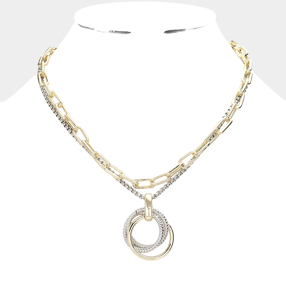 Triple Open Metal Circle Link Pendant Double Layered Toggle Necklace