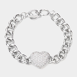 CZ Embellished Heart Charm Toggle Bracelet