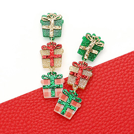 Glittered Resin Triple Christmas Gift Link Dangle Earrings
