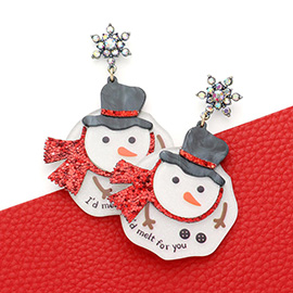 I'd Melt For You Message Snowflake Glittered Resin Snowman Link Dangle Earrings