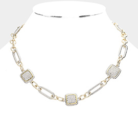 Rhinestone Embellished Triple Square Accented Link Toggle Necklace