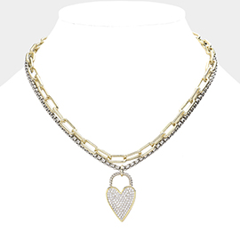 CZ Embellished Heart Lock Pendant Double Layered Necklace