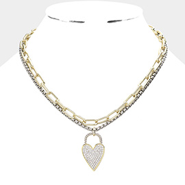 CZ Embellished Heart Lock Pendant Double Layered Necklace